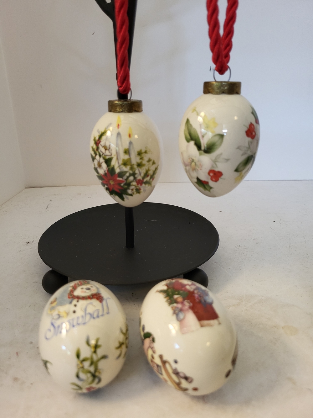 Vintage THE EGG LADY Porcelain Xmas  Egg Ornaments/ Table Sitters S/4